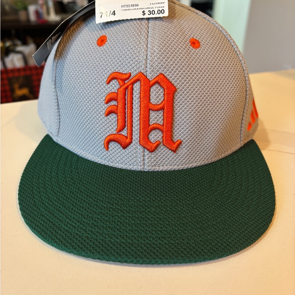 Adidas NEW U of M Gray and Green Cap with Orange Lettering Univ of Miami 7 1/4